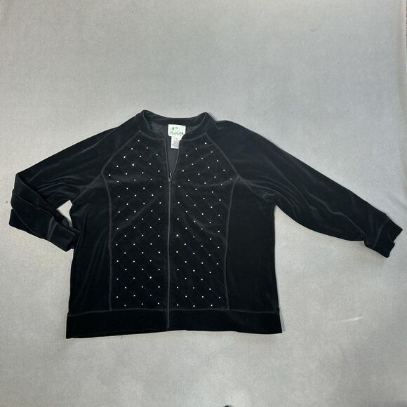Quacker Factory Jacket Womens 1X Velour Rhinestone Zip Up Pockets Elegant Top - Picture 1 of 10